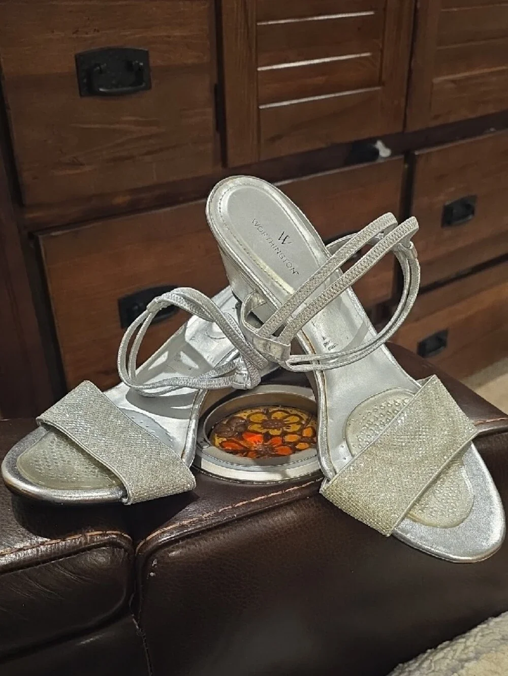 Worthington Silver Glitter Strappy Wedge Sandals